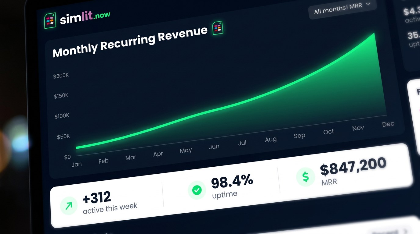 SIMLIT.now dashboard showing monthly recurring revenue climbing across the year to $847,200, with 98.4% uptime and +312 active devices this week